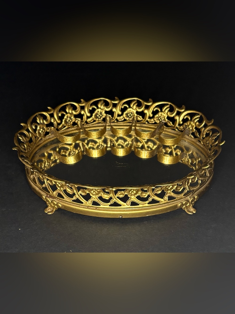 Hollywood Regency Gold Filigree 7” Oval Mirrored Vanity Tray w/Lipstick Holders